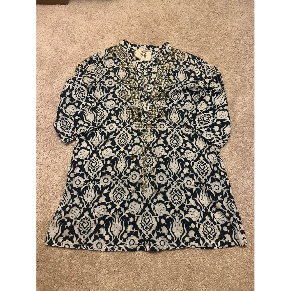 FIGUE LADIES COTTON‎ NAVY WHITE PRINT BEADED SEQUIN TUNIC BLOUSE SIZE SMALL